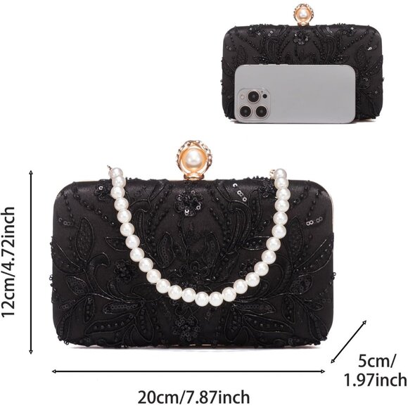 ⚡ Women's Evening Sequins Beaded Decent Designed Embroidery Black Clutch Handbag - Picture 3 of 8